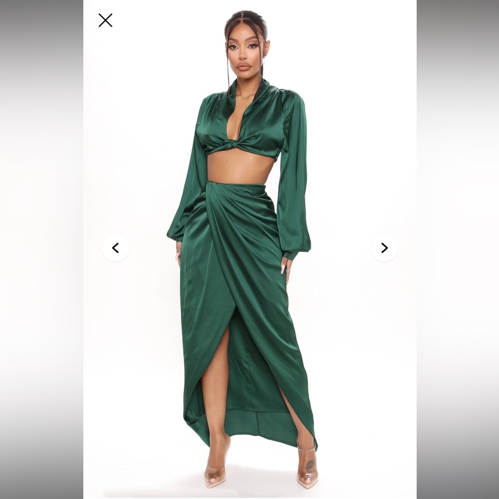 Elegant Green Satin Skirt Set
